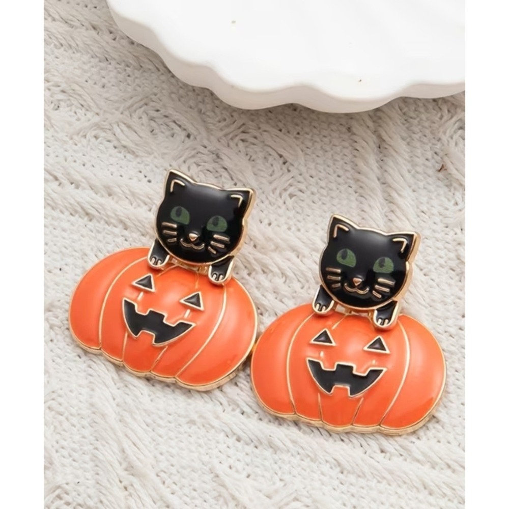 Halloween Black Cat Pumpkin Stud Earrings Orange Enamel Jack-O-Lantern Festive